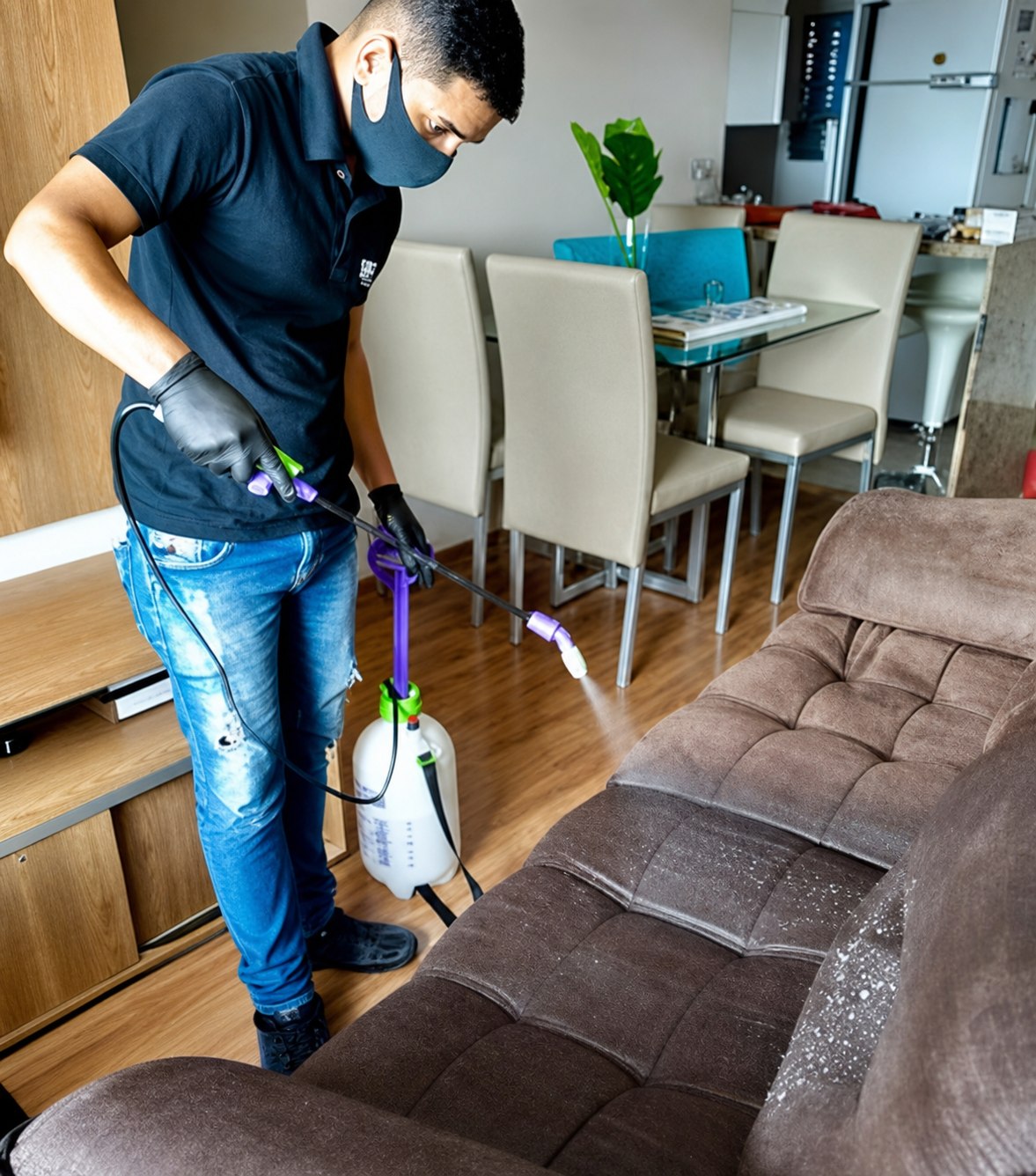 Profissional da LimpTop realizando higienização de sofá em domicílio na Região Metropolitana do Recife